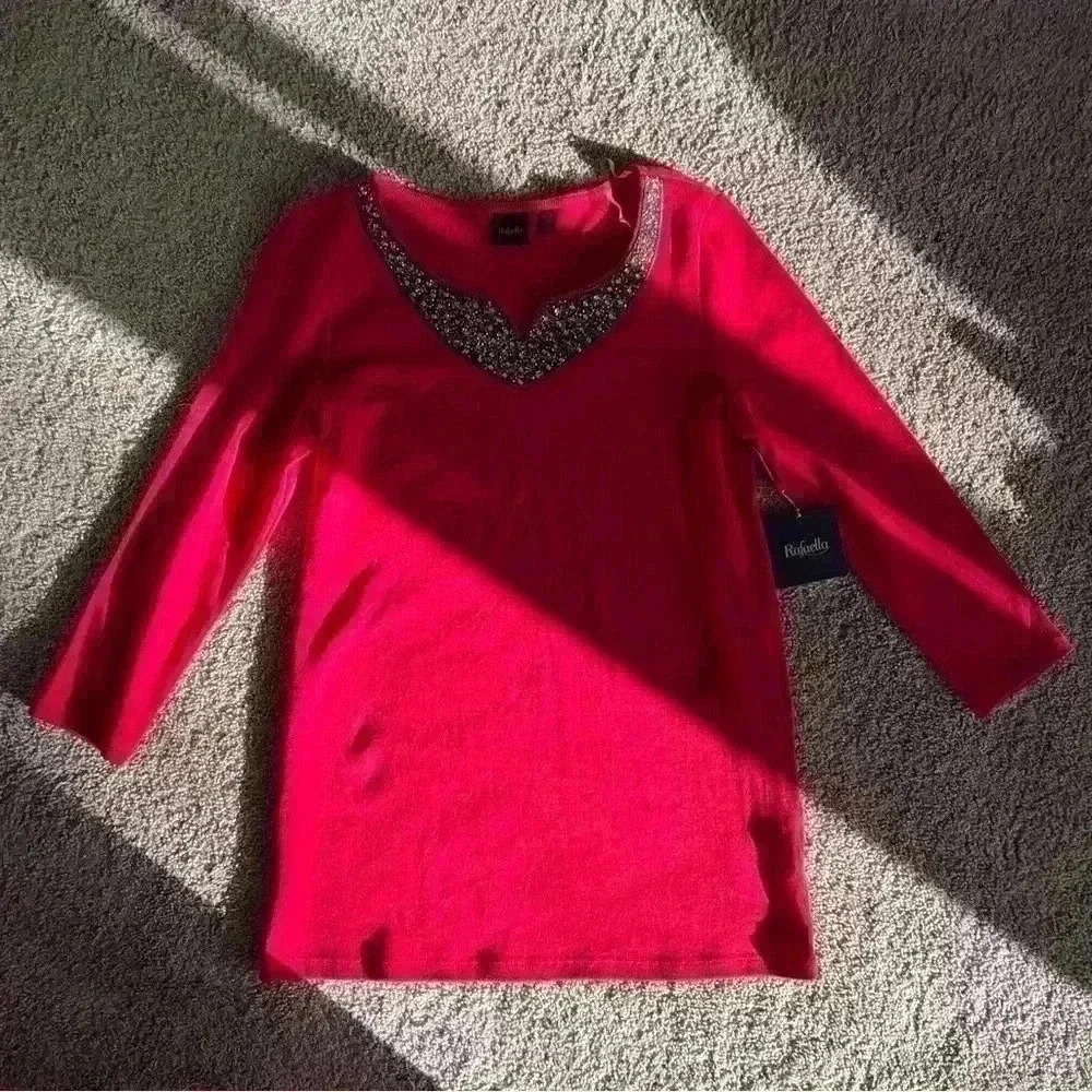 NWT Rafaella Red decorative neck jeweled top size small